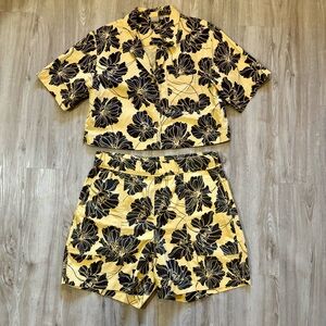 GAP Large / 16P HEMP FLORAL Sky High Shorts & Cropped Top Set Women Yellow Black